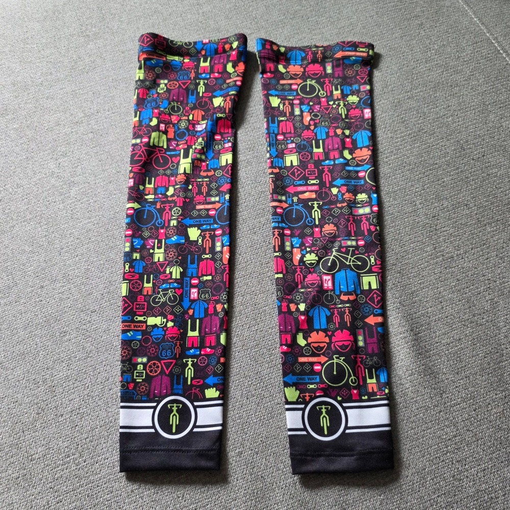 Sugoi I Heart Bikes Cycling Arm Sleeves Large Neon Multi Color Bicycle Print